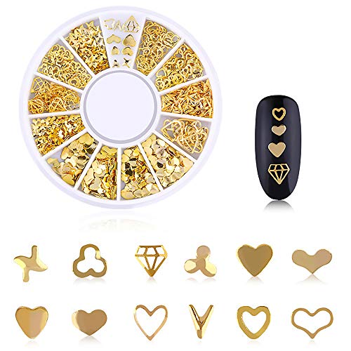 WOKOTO 3D Nail Charms Kit - Gold Nail Art Jewelry with Rose, Star, Moon, Feather Shapes, Includes Tweezers & Picker Pencil - Variation KIT3