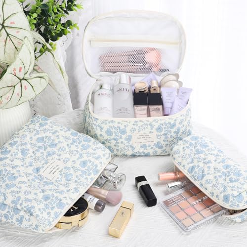 senbowe Blue-White Floral Makeup Bag Set - 3 Pack Cotton Organizer