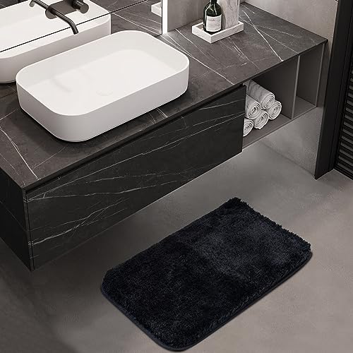 ROSMARUS Black Shaggy Bath Rug 17"x24" - Non-Slip, Ultra Soft Microfiber