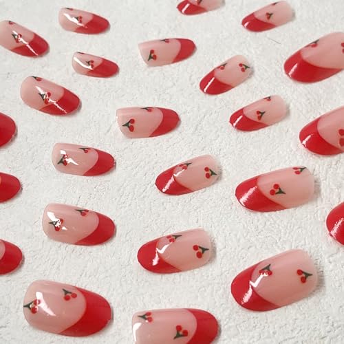 ROFIBUT Red French Tip Press-On Nails - Almond Short Fake Nails, 24 Pcs