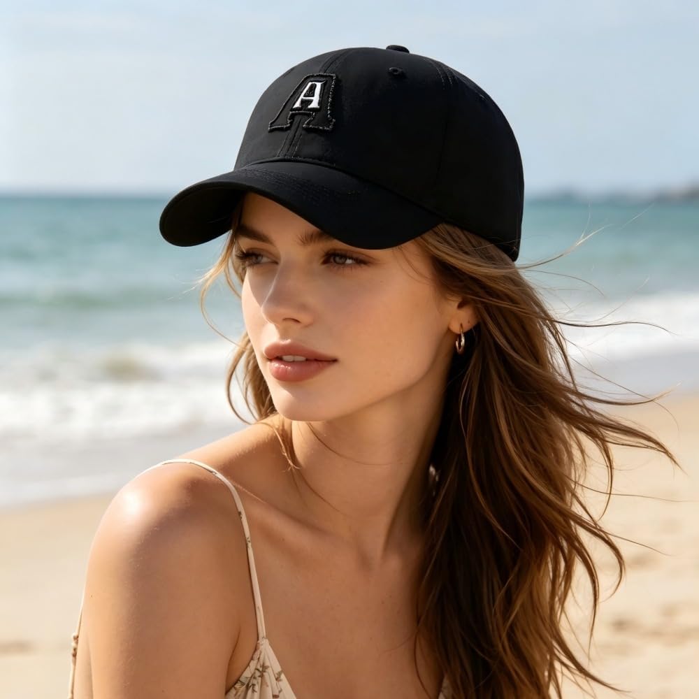 Baseball Cap Adjustable Embroidered Letter A Dad Hat Cotton Breathable Sun Hat for Outdoor Sports Daily Wear (Black)