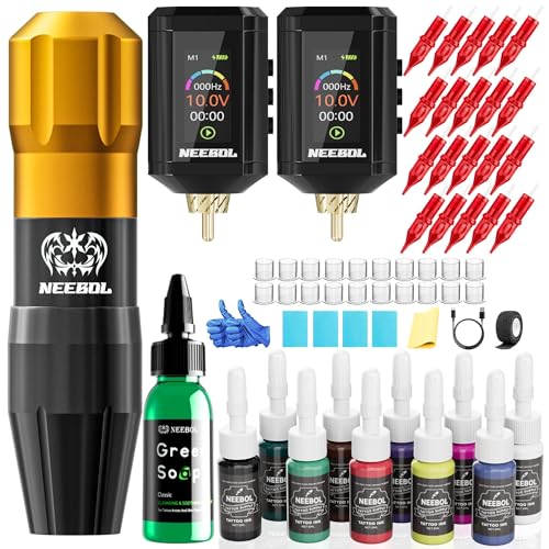 Neebol Wireless Tattoo Kit with 2 Gold 1600mAh Batteries - Complete Set for Beginners