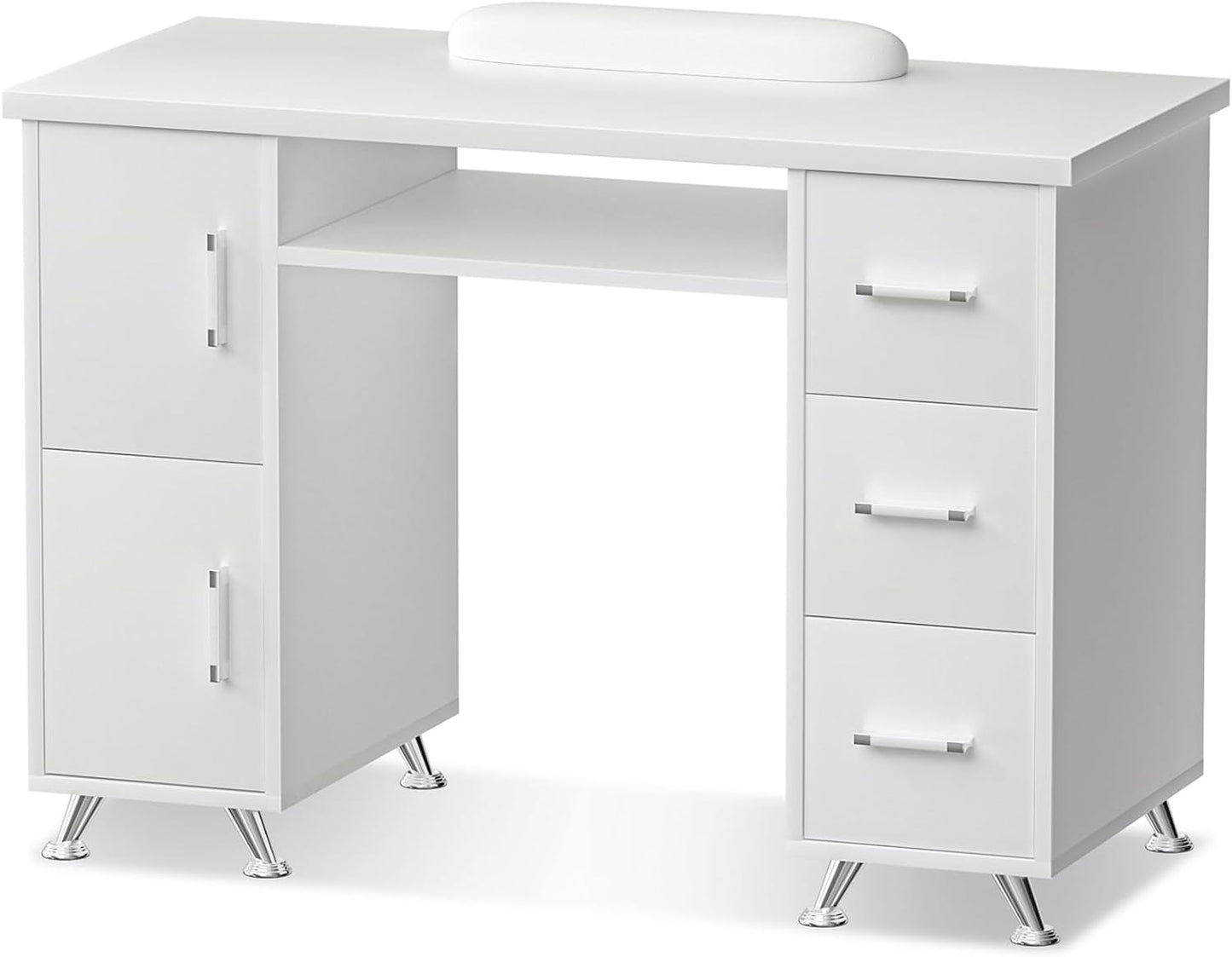Professional Nail Tech Desk - Acetone Resistant Manicure Table with 3 Drawers & 2 Cabinets | White-Gold Finish for Salon & Home Use