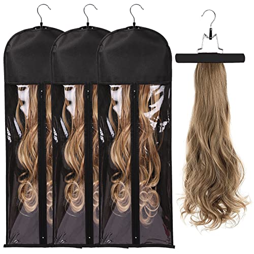 3PCS 31.5-inch Hair Extension Storage Bag with Hanger - Black Dust-Proof