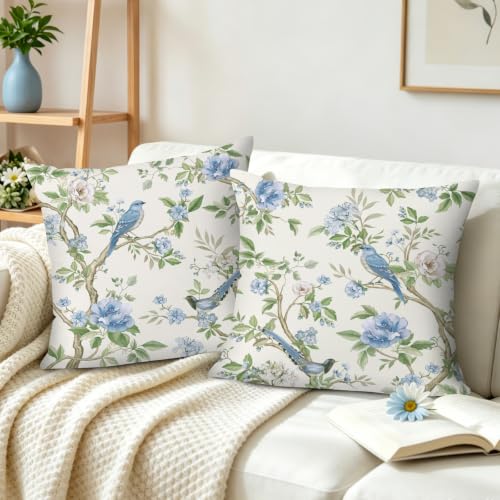 Blue Green Bird Floral Velvet Throw Pillow Covers - Set of 2, 18x18