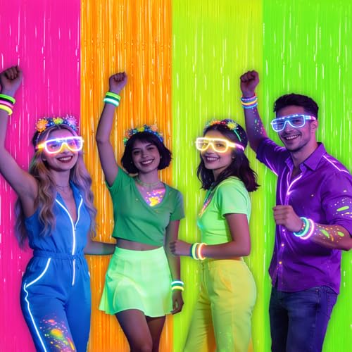Glow in The Dark Tinsel Curtains - 4 Pack Neon Party Backdrop 3.3 x 6.6 Ft