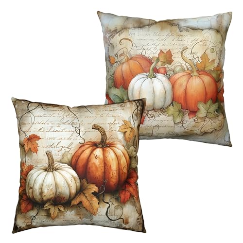 Fall Pumpkin and Maple Leaves Pillow Covers - Set of 2, 18x18