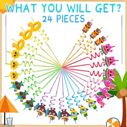 24 Reusable Hawaiian Crazy Straws with Tropical Charms