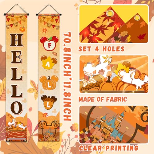 Hello Fall Porch Sign Banner - Mouse Pumpkin & Maple Leaf Decor