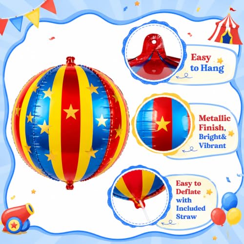 Circus Theme Foil Balloons Set - 6pcs 22 Inch Red, Blue & Yellow