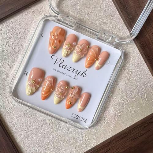 Vlazryk Handmade Medium Almond Press-On Nails with 3D Floral & Metal Charms