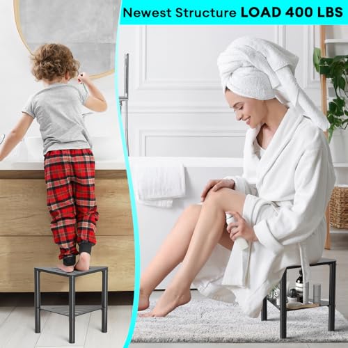 YAJONUE Corner Shower Stool with Storage Shelf & Non-Slip Foot Rest
