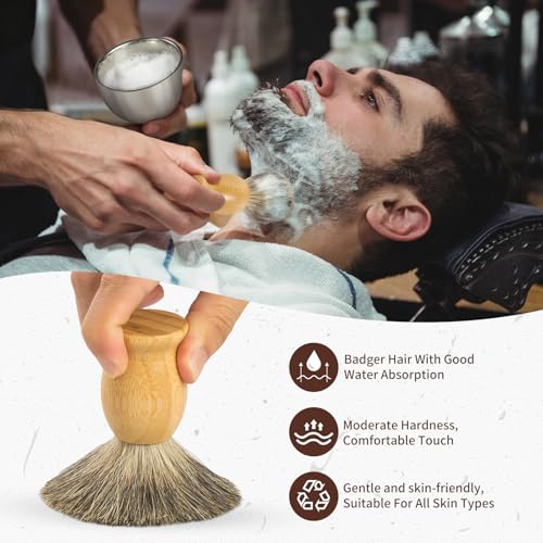 SAMEBUTECO Shaving Brush Set for Men-Pure Badger Hair Brush with Bamboo Handle, Stainless Steel Stand & Bowl, Wet Shaving Kit for Smooth Close Shave, Gift Set