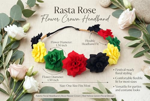 Rasta Rose Flower Crown Headband – Red, Yellow, Green Festival Headpiece