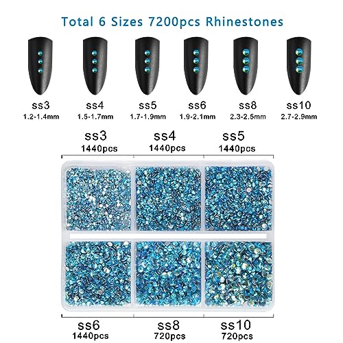 Beadsland Aquamarine AB Flatback Rhinestones 7200pcs - 6 Sizes Nail Art & Craft Gems