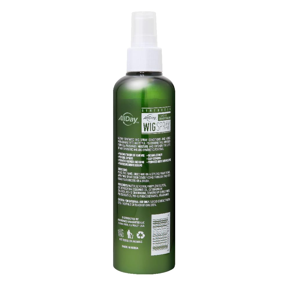 AllDay Locks Synthetic Wig Spray - Refreshing Leave-In Conditioner for Synthetic Hair, Detangler & Cleanser Spray for Wigs, for Women and Men, Nourishes & Softens Fibers - 8 oz Bottle