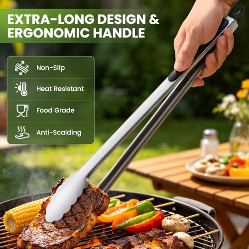 Stainless Steel BBQ Tongs Set - 12 & 17 Inch Long Grill Tools
