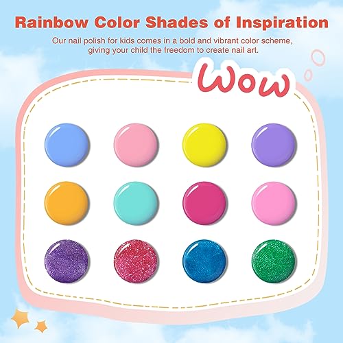 ETYJO Kids Nail Polish Set D - 12 Color Non-Toxic Water-Based Peel-Off Quick Dry for Girls 3-12