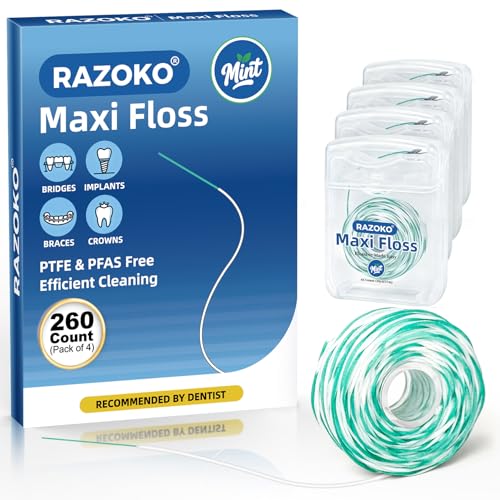 Razoko Mint Dental Floss Threader Pack of 4 (65 Count Each) for Braces Implants & Bridges