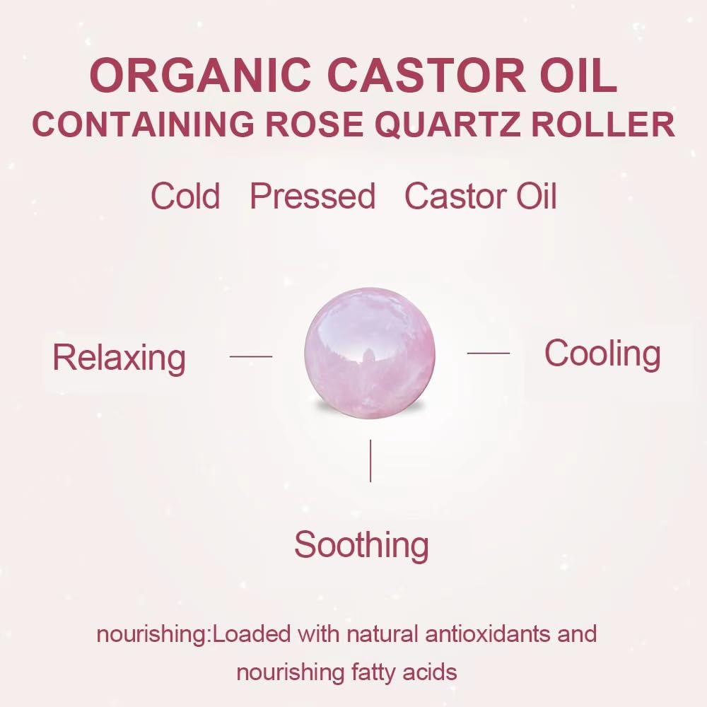 Veuvul Organic Castor Oil Rose Quartz Roller Ball,100% Pure Cold-Pressed Natural Formula for Skin & Hair Care, Hexane-Free.1.7oz (1Pcs)