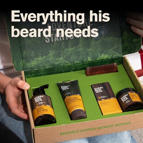 Every Man Jack Beard Essentials Gift Set for Men ? Complete Routine with 5 Full-Size Essentials ? Sandalwood Scent - Beard & Face Wash, Lotion, Oil, Butter & Comb