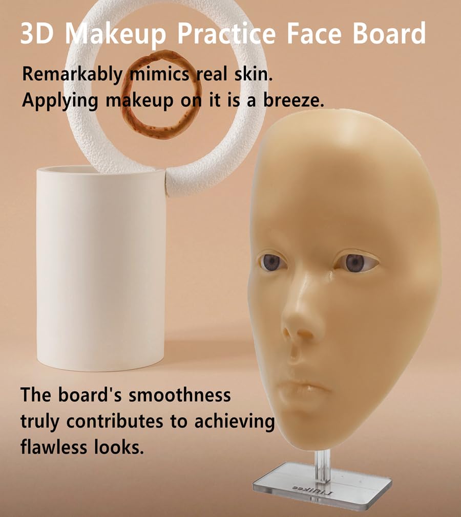 3D Makeup Practice Face - Reusable Silicone Mannequin Head with Stand & Brush Set | Ideal for Emerging Makeup Artists