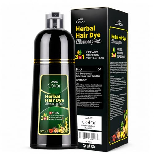 3-in-1 Hair Dye Shampoo - Black Color & Shine 16.9 oz | Herbal Formula for Gray Coverage
