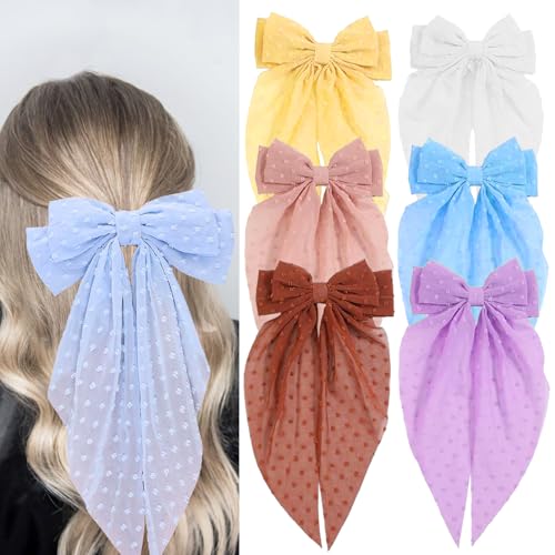 Loqpol 6 pcs Oversized Chiffon Hair Bows with Alligator Clips - Red Lavender Pink Yellow Blue White