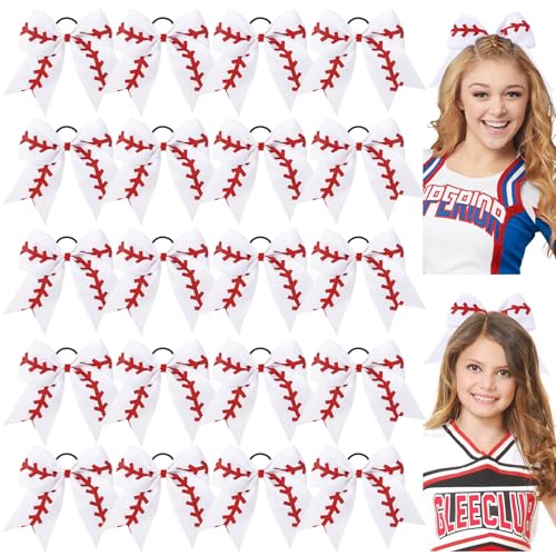 YHXX White Cheer Bows 8-Inch Large Baseball Hair Ties for Cheerleading — 20 Pack