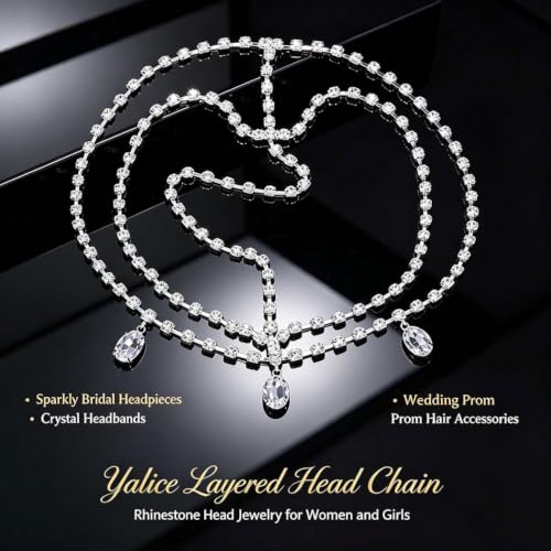 Yalice Silver Layered Head Chain with Rhinestones - Adjustable Bridal Hair Jewelry
