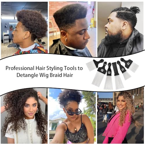 6 Pack Metal Afro Hair Picks with Fist Handles for Curly & Thick Hair - Durable, Rustless Styling Tools