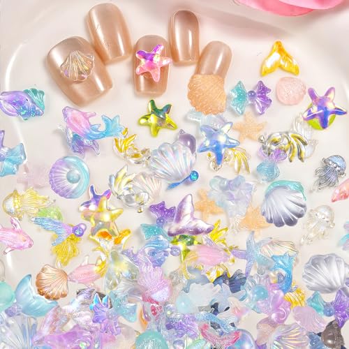 100PCS Summer Beach Nail Charms - 3D Starfish & Shell Gems