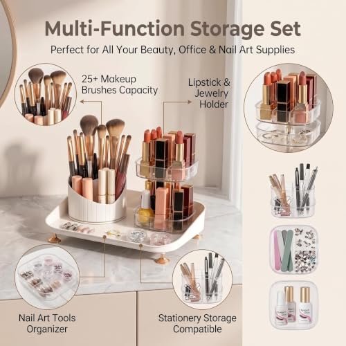 360° Rotating Makeup Brush Organizer with Lid – Acrylic Storage with 2 Trays