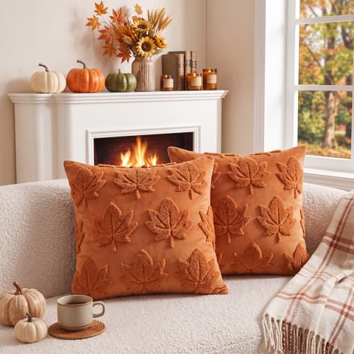 Set of 2 Orange Maple Leaf Pillow Covers 18"x18" for Fall Decor