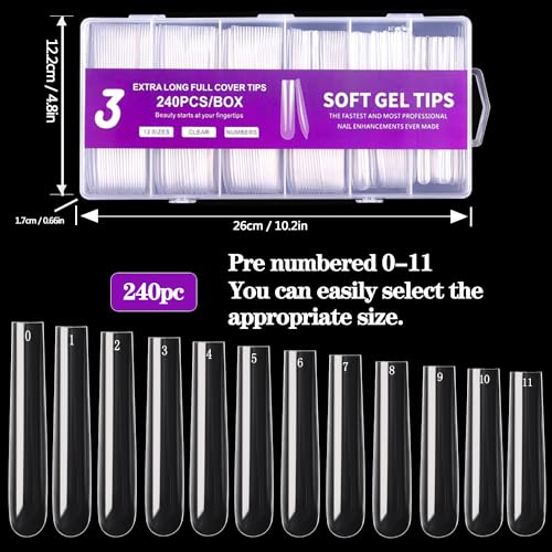 3XL Clear Square Nail Tips - 240PCS Full Cover Acrylic Nails