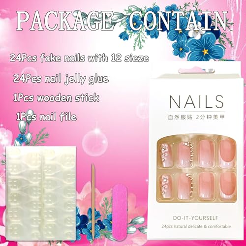 Onsdag Flower & Rhinestone French Square Nails - Medium Coffin Full Cover Fake Nails Set