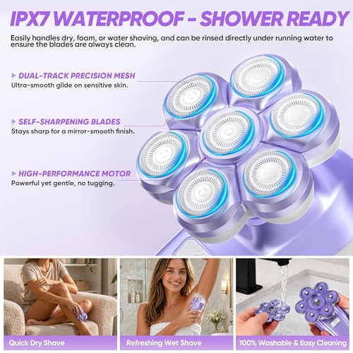 Electric Shaver for Women, Electric Razor with 7D Magnetic Shaver Heads, Wet Dry Waterproof Bald Head Trimmer Kit for Women & Men, Nose Ear Hair Trimmer, USB Rechargeable Clippers, Purple