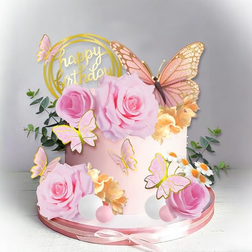 Pink Flower and Butterfly Cake Toppers for Birthday Decor