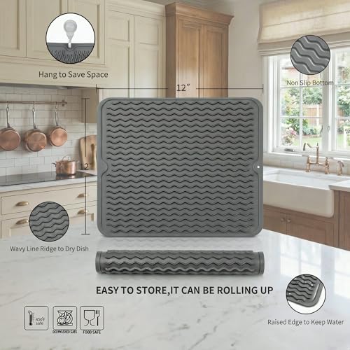 MicoYang Silicone Dish Drying Mat - Heat-Resistant & Eco-Friendly, 12x12 in Grey