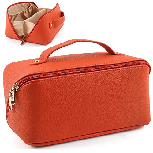 MAMUNU Large Capacity Orange Travel Cosmetic Bag with Multiple Compartments