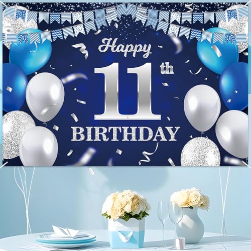 11th Birthday Banner Backdrop - Navy Blue Balloons & Confetti