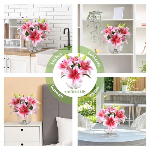 Artificial Tiger Lily Arrangement in Glass Vase - Realistic Silk Flowers with Faux Water