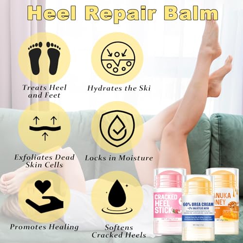 Charunee Cracked Heel Stick 3Pcs Foot Balm Roll-On for Dry Feet Men Women Peach Honey Avocado
