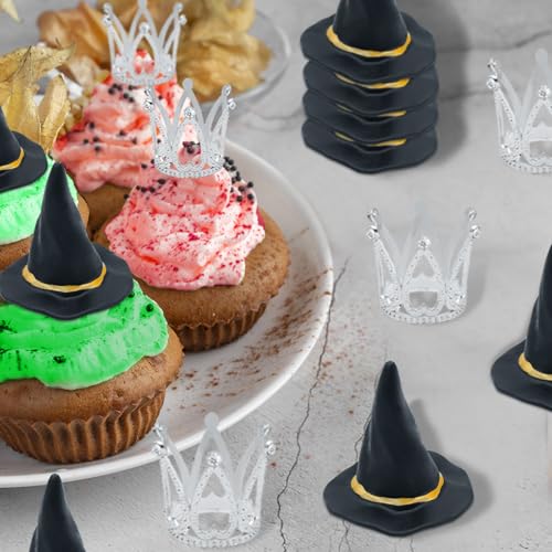Witch Hat and Crown Cake Topper Set - 24 Pcs for Parties