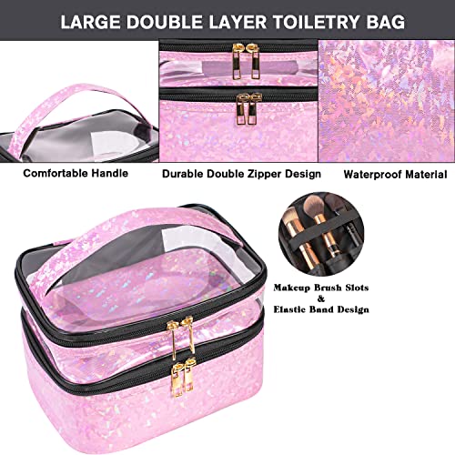 FITINI Double Layer Travel Makeup Bag, Water-Resistant Cosmetic Organizer