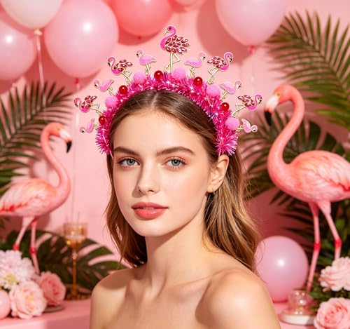 Flamingo Headband with Rhinestones, Tinsel & Pom-Poms for Parties