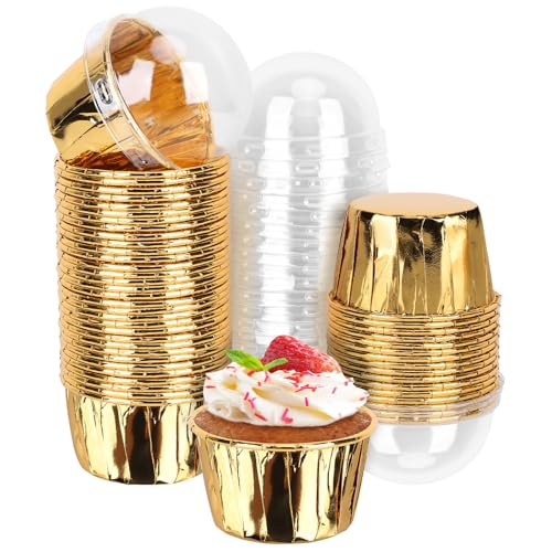 EUSOAR Gold Disposable Cupcake Cups with Lids, 3.5 oz - 50 Pack Aluminum Foil Muffin Liners for Baking