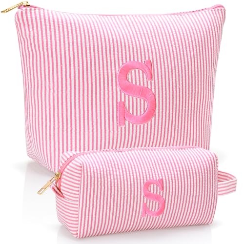 Personalized Initial Makeup Bag Set, Embroidered Letter S Cosmetic Pouch
