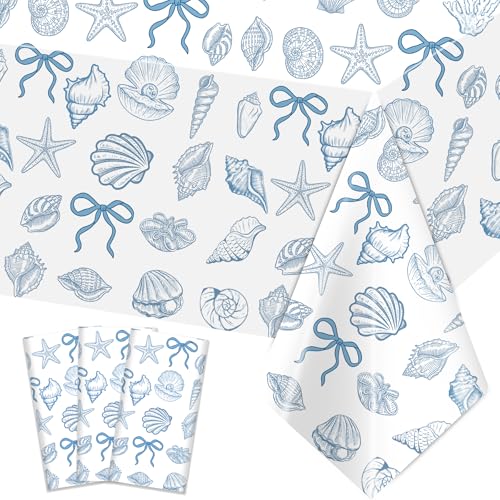 3 Pcs Blue Seashell Tablecloths - 54 x 108 Inch Waterproof Plastic for Beach Parties