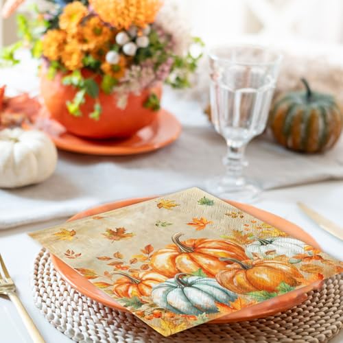 48-Pack Fall Napkins - Watercolor Pumpkin and Maple Design, 6.5x6.5in